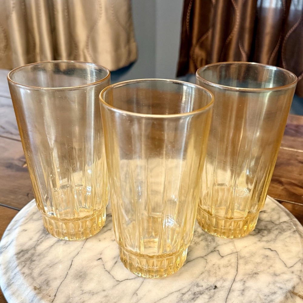 3pc VTG 60s MCM Arcoroc France Amber Yellow Fluted Glass Tumbler Glasses